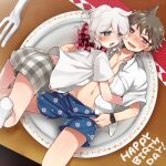  2boys ass bangs blue_eyes blush bow boxers brown_eyes brown_hair commentary_request danganronpa_(series) danganronpa_2:_goodbye_despair foreshortening fork grey_hair happy_birthday hinata_hajime hoshihuri hug komaeda_nagito looking_at_another looking_at_viewer lying male_focus male_underwear medium_hair miniboy multiple_boys navel on_back open_clothes open_mouth open_shirt plaid plaid_bow plate shirt short_hair smile socks tongue tongue_out underwear watch wristwatch yaoi 