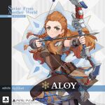  1girl aloy_(horizon) arrow_(projectile) artist_request boots bow_(weapon) braid breasts brown_footwear crossover english_commentary genshin_impact green_eyes highres holding holding_bow_(weapon) holding_weapon horizon_zero_dawn jewelry long_hair necklace official_art orange_hair pants pouch promotional_art side_braids solo weapon 