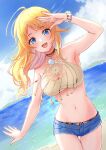  1girl :d absurdres ahoge bikini blonde_hair blue_eyes blue_sky breasts cloud cowboy_shot day denim denim_shorts eyebrows_visible_through_hair hachimiya_meguru highres hoshina_hoshimi idolmaster idolmaster_shiny_colors large_breasts long_hair looking_at_viewer ocean open_mouth outdoors scrunchie shorts sky smile solo swimsuit thighs wrist_scrunchie 