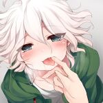  1boy 1other bangs blue_eyes blush collarbone commentary_request danganronpa_(series) danganronpa_2:_goodbye_despair eyebrows_visible_through_hair face finger_in_another&#039;s_mouth gradient gradient_background green_jacket grey_background hair_between_eyes hoshihuri jacket komaeda_nagito looking_at_viewer messy_hair open_clothes open_jacket open_mouth saliva shirt solo sweat tongue tongue_out white_hair 