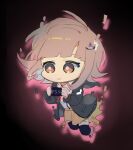  1girl bangs black_legwear brown_skirt chibi collared_shirt commentary_request danganronpa_(series) danganronpa_2:_goodbye_despair gradient gradient_background hair_ornament hairclip holding jacket laver_(1090792977) looking_down medium_hair nanami_chiaki neck_ribbon open_clothes open_jacket pink_background pink_eyes pink_hair red_background ribbon shiny shiny_hair shirt sketch skirt smile solo spaceship_hair_ornament thighhighs two-tone_shirt white_shirt 