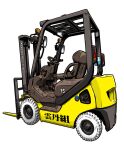  chair commentary_request forklift from_side komatsu_(company) makino_yasuhiro no_humans pedal simple_background steering_wheel translation_request vehicle_focus wheel white_background 