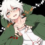  1boy :d bangs black_background blue_eyes blush collarbone commentary_request danganronpa_(series) danganronpa_2:_goodbye_despair grey_eyes grey_hair hair_between_eyes hands_up hood hood_down hooded_jacket hoshihuri jacket komaeda_nagito long_sleeves looking_at_viewer male_focus messy_hair open_mouth print_shirt shirt short_hair smile solo sparkle upper_body upper_teeth white_hair white_shirt 