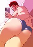  1boy ass ass_focus bara beard blue_eyes blue_male_underwear boku_no_hero_academia briefs dkmate facial_hair holding holding_phone large_pectorals looking_at_viewer male_focus male_underwear mature_male muscular muscular_male pectorals phone red_hair scar scar_across_eye selfie short_hair sideburns solo spiked_hair stubble thick_thighs thighs todoroki_enji underwear underwear_only 