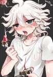  2boys bangs black_background blue_eyes blush collarbone commentary_request cum cum_in_mouth cum_on_body cum_on_clothes cum_on_food cum_on_hair danganronpa_(series) danganronpa_2:_goodbye_despair eyebrows_visible_through_hair facial food fork fruit heart holding holding_fork hoshihuri komaeda_nagito looking_at_viewer messy_hair multiple_boys no_jacket open_mouth penis print_shirt shirt short_sleeves solo_focus strawberry t-shirt tongue tongue_out translation_request white_hair yaoi 