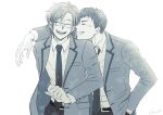  2boys arm_around_shoulder bakuten!! black_neckwear blazer blush closed_eyes facing_another glasses greyscale highres jacket kazuki_sara laughing long_sleeves male_focus monochrome multiple_boys necktie school_uniform shichigahama_masamune smile standing tsukidate_keisuke yaoi 