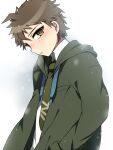  1boy ahoge bangs blush brown_eyes brown_hair collared_shirt commentary_request cowboy_shot danganronpa_(series) danganronpa_2:_goodbye_despair from_side gradient gradient_background green_neckwear grey_background hand_in_pocket hinata_hajime hood hood_down hoshihuri long_sleeves looking_at_viewer male_focus necktie open_clothes parted_lips shirt short_hair simple_background solo upper_body white_shirt wing_collar 