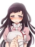  1girl apron bandaged_hand bangs blush breasts collared_shirt commentary_request crying crying_with_eyes_open danganronpa_(series) danganronpa_2:_goodbye_despair dress_shirt hand_grab holding_hands hoshihuri large_breasts long_hair looking_at_viewer open_mouth pink_eyes pink_shirt pov pov_hands purple_hair shirt simple_background solo_focus tears tsumiki_mikan upper_body white_apron white_background 