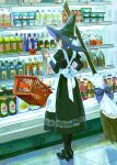  1girl apron black_dress bottle bow broom dress floating food groceries hat high_heels highres huangdanlan list long_dress long_hair original pantyhose paper shopping shopping_basket supermarket witch witch_hat 