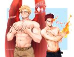  2boys abs bara beard beige_pants belt blonde_hair blue_eyes blue_pants boku_no_hero_academia bulge facial_hair fire flaming_hand hawks_(boku_no_hero_academia) height_conscious height_difference highres large_pectorals male_focus mature_male multiple_boys muscular muscular_male navel navel_hair nipples pants pectorals red_hair red_wings scar scar_across_eye shirtless short_hair sideburns spiked_hair spindahs stubble switch todoroki_enji toned toned_male upper_body wings 