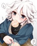  1girl bangs black_sweater blue_eyes blue_jacket blush commentary_request danganronpa_(series) danganronpa_2:_goodbye_despair food food_in_mouth gradient gradient_background grey_background grey_hair hair_between_eyes holding hoshihuri jacket komaeda_nagito long_sleeves looking_at_viewer messy_hair mouth_hold plaid silver_hair simple_background solo speech_bubble sweater translation_request upper_body white_hair 
