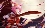  1girl absurdres animal_ears armor artist_request asymmetrical_gloves asymmetrical_sleeves black_gloves closed_mouth fingerless_gloves fox_ears full_moon gauntlets gloves hair_between_eyes hair_ornament highres holding holding_sword holding_weapon honkai_(series) honkai_impact_3rd japanese_armor japanese_clothes katana kimono looking_ahead mismatched_gloves moon pink_hair purple_eyes solo sword uneven_sleeves weapon white_kimono yae_sakura yae_sakura_(flame_sakitama) 