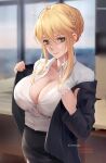 1girl artoria_pendragon_(all) artoria_pendragon_(lancer)_(fate) black_jacket black_skirt blonde_hair braid breasts business_suit chihunhentai cleavage collarbone collared_shirt contemporary dress_shirt fate/grand_order fate_(series) formal french_braid green_eyes hair_between_eyes highres jacket large_breasts long_hair long_sleeves looking_at_viewer office_lady pencil_skirt shirt sidelocks skirt skirt_suit smile suit white_shirt 