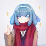  1girl bangs blue_eyes blue_hair blush brown_jacket commentary_request danganronpa_(series) danganronpa_3_(anime) eyebrows_visible_through_hair frown gekkougahara_miaya hairband hajime_(gitoriokawaii) hand_up jacket looking_at_viewer red_scarf scarf shiny shiny_hair simple_background solo sparkle twitter_username upper_body v white_background white_hairband 