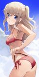  1girl :o armpit_peek ass bikini bikini_bottom_lift blue_eyes blue_sky breasts charlotte_(anime) cloud cowboy_shot eyebrows_visible_through_hair from_side grey_hair highres hiroki_(yyqw7151) long_hair looking_at_viewer red_bikini side-tie_bikini side_ponytail sky small_breasts solo strap_gap strap_lift swimsuit tomori_nao 