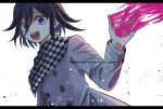  108_(toowa) 1boy :d bangs buttons checkered checkered_scarf danganronpa_(series) danganronpa_v3:_killing_harmony grey_background grey_jacket hair_between_eyes highres jacket letterboxed long_sleeves looking_at_viewer male_focus open_mouth ouma_kokichi pink_blood purple_eyes scarf short_hair simple_background smile solo straitjacket teeth twitter_username upper_body upper_teeth white_background 