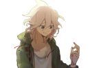  1boy bangs closed_mouth collarbone commentary_request danganronpa_(series) danganronpa_2:_goodbye_despair green_jacket grey_hair hair_between_eyes hand_up hood hood_down jacket komaeda_nagito laver_(1090792977) long_sleeves looking_at_hand male_focus medium_hair messy_hair nail_polish open_clothes open_jacket red_nails shirt simple_background smile solo upper_body white_background white_shirt 