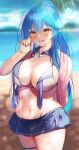  1girl absurdres ahoge arm_behind_back bangs beach bikini blue_hair blue_nails blush breasts cleavage collarbone colored_tips elf eyebrows_visible_through_hair flower hair_between_eyes hair_flower hair_ornament hand_up heart_ahoge high_ponytail highres hololive large_breasts long_hair looking_at_viewer multicolored_hair nail_polish navel open_mouth outdoors pointy_ears sanasedayo smile solo standing streaked_hair summer swimsuit thigh_strap very_long_hair virtual_youtuber yellow_eyes yukihana_lamy 