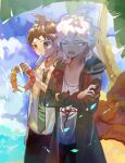  2boys ahoge bangs black_pants blush brown_hair closed_eyes cloud coat collarbone collared_shirt commentary_request crossed_arms danganronpa_(series) danganronpa_2:_goodbye_despair day food green_coat green_neckwear hand_up highres hinata_hajime holding komaeda_nagito laver_(1090792977) long_sleeves male_focus multiple_boys necktie open_mouth outdoors palm_tree pants print_shirt shirt short_hair tree white_hair white_shirt 