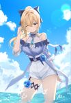  1girl absurdres aqua_eyes blonde_hair blue_flower blue_rose blue_sky churi_(oxxchurixxo) clenched_teeth cloud day eyebrows_visible_through_hair flower genshin_impact hair_between_eyes highres huge_filesize jean_(genshin_impact) jean_(sea_breeze_dandelion)_(genshin_impact) long_hair looking_at_viewer ocean official_alternate_costume one-piece_swimsuit outdoors partially_submerged ponytail rose sky smile solo swimsuit teeth 