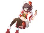  1girl ahoge bangs bell black_legwear blue_eyes brown_hair christmas christmas_ornaments dark_talker eyebrows_visible_through_hair fur_trim hair_between_eyes highres hololive medium_hair natsuiro_matsuri navel ribbon skirt solo white_background 