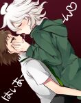  2boys after_kiss ahoge bangs black_background black_pants blush brown_eyes brown_hair closed_eyes commentary_request danganronpa_(series) danganronpa_2:_goodbye_despair finger_in_another&#039;s_mouth green_neckwear heart hinata_hajime hood hoshihuri looking_at_another male_focus multiple_boys necktie pants profile red_background saliva saliva_trail shirt short_hair tongue tongue_out translation_request white_hair yaoi 