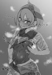  1girl bea_(pokemon) blush bodysuit bodysuit_under_clothes bow_hairband breasts collared_shirt covered_nipples cowboy_shot eyebrows_visible_through_hair gloves greyscale gym_leader hair_between_eyes hairband looking_at_viewer medium_hair monochrome parted_lips partially_fingerless_gloves pokemon pokemon_(game) pokemon_swsh print_shirt print_shorts shio_shinshia shirt shorts single_glove small_breasts solo tied_shirt v-shaped_eyebrows wet wet_clothes wet_shirt wing_collar 