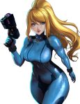  1girl arm_at_side artist_name blonde_hair blue_eyes bodysuit breasts closed_mouth commentary covered_navel english_commentary english_text gun hair_between_eyes hand_up holding holding_gun holding_weapon lips long_hair metroid pink_lips ponytail samus_aran simple_background smile solo standing tight turtleneck uliel weapon white_background zero_suit 