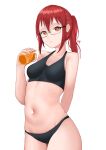  1girl absurdres arm_behind_back bangs black_bra black_panties bra breasts chestnut_mouth cup glasses hair_between_eyes highres holding holding_cup kobayashi-san_chi_no_maidragon kobayashi_(maidragon) looking_at_viewer navel panties parted_lips ponytail red_eyes red_hair ryo_(ryo_artys) signature simple_background small_breasts solo sweat teeth underwear underwear_only white_background 