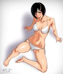  1girl arm_support artist_name barefoot bikini black_hair blush breasts brown_eyes cleavage final_fantasy final_fantasy_vii forehead_protector from_above halterneck highres looking_at_viewer navel sgk shadow short_hair side-tie_bikini signature simple_background sitting smile solo stomach string_bikini swimsuit wet white_background white_bikini yuffie_kisaragi 