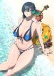  1girl abs absurdres age_difference animal_ears beach bikini black_bikini black_hair blue_bikini breasts commentary_request eyebrows_visible_through_hair from_above green_eyes hair_over_eyes highres large_breasts looking_at_viewer navel original red_hair short_hair swimsuit turbo_engine_(rakugaki_tabo) two-tone_bikini water yellow_eyes 