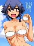 1girl bikini blue_hair blush bouncing_breasts braid breasts brown_eyes cleavage collarbone eyebrows_visible_through_hair girls_und_panzer large_breasts looking_at_viewer oosaka_kanagawa open_mouth outdoors pepperoni_(girls_und_panzer) shiny shiny_hair shiny_skin short_hair sky smile solo swimsuit translation_request upper_body white_bikini 