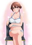  1girl absurdres alternate_costume breasts brown_hair camisole chair cleavage commentary_request cowboy_shot flipped_hair hiei_(kancolle) highres jousanrou kantai_collection large_breasts looking_at_viewer midriff navel purple_eyes short_hair short_shorts shorts solo white_camisole white_shorts 
