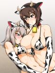  2girls animal_ears animal_print bell blue_eyes blush breast_sucking breastfeeding breasts brown_eyes brown_hair cleavage closed_mouth collarbone cow_ears cow_girl cow_horns cow_print elbow_gloves eyebrows_visible_through_hair fake_animal_ears girls_und_panzer gloves horns itsumi_erika large_breasts looking_at_another multiple_girls navel neck_bell nishizumi_maho oosaka_kanagawa shiny shiny_hair short_hair smile sweat white_hair yuri 