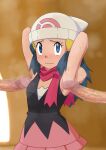  1girl 2boys absurdres armpit_sex armpits arms_behind_head beanie blue_eyes blue_hair blush closed_mouth commentary_request dawn_(pokemon) eyelashes hair_ornament hairclip hat hetero highres long_hair looking_up miraa_(chikurin) multiple_boys multiple_penises penis pink_scarf pink_skirt poke_ball_print pokemon pokemon_(anime) pokemon_dppt_(anime) raised_eyebrows scarf shirt skirt sleeveless sleeveless_shirt steam sweat white_headwear 