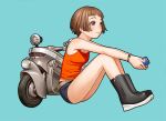  1girl aqua_background belt black_footwear black_shorts blush boots brown_eyes brown_hair can full_body holding holding_can knees_up murata_range original red_shirt shirt short_hair shorts simple_background sitting sleeveless sleeveless_shirt smile solo 