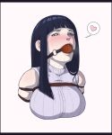  1girl ball_gag bangs bare_shoulders bdsm black_hair blunt_bangs blush bondage bound breasts english_commentary gag gagged heart highres hyuuga_hinata large_breasts long_hair looking_at_viewer naruto_(series) naruto_shippuuden rope saliva simple_background solo speech_bubble sweat tied_up upper_body white_background wtfeather 