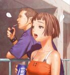  1boy 1girl absurdres bangs black_shirt blunt_bangs brown_eyes brown_hair can cigarette highres holding holding_can lighter murata_range open_mouth orange_camisole original profile shirt short_hair short_sleeves speech_bubble sweat upper_body 