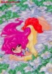  1990s_(style) 1girl bakuretsu_hunters bangs bed_sheet copyright_name eyebrows_visible_through_hair flower gotou_keiji holding holding_eyewear long_hair long_sleeves looking_at_viewer miniskirt nail_polish no_shoes official_art pink_hair pink_nails red_eyes red_skirt retro_artstyle round_eyewear skirt smile solo tira_misu white_legwear 