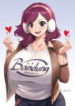  1girl absurdres bangs beryl_(junkpuyo) blush breasts brown_jacket collarbone commentary curvy earmuffs english_commentary finger_heart heart highres huge_breasts jacket looking_at_viewer lulu-chan92 medium_hair open_clothes open_jacket open_mouth original pants parted_bangs purple_eyes purple_hair shirt swept_bangs upper_body white_shirt 