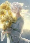  1boy blue_eyes bouquet clona day earrings flower grass highres holding holding_flower jewelry outdoors pixiv_fantasia pixiv_fantasia_age_of_starlight smile solo sunflower sunlight tattoo 
