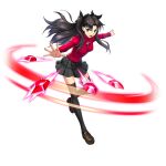  1girl artist_request black_hair blue_eyes breasts eyebrows_visible_through_hair fate/stay_night fate_(series) full_body gem hair_between_eyes long_hair long_sleeves looking_at_viewer medium_breasts miniskirt official_art open_mouth shoes skirt solo thighhighs tohsaka_rin tongue transparent_background valkyrie_connect zettai_ryouiki 