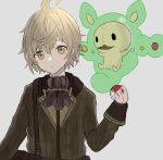  1boy akitama2727 antenna_hair bangs belt belt_pouch closed_mouth crossover gen_5_pokemon green_eyes green_hair green_jacket grey_background hair_between_eyes holding holding_poke_ball jacket long_sleeves looking_at_viewer pinocchio_(sinoalice) poke_ball pokemon pouch reuniclus short_hair simple_background sinoalice 