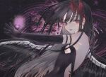  1girl akemi_homura akuma_homura backless_dress backless_outfit bare_shoulders black_dress black_feathers black_gloves black_hair commentary_request dark_background dress elbow_gloves feathered_wings gloves glowing hair_ribbon highres long_hair looking_at_viewer mahou_shoujo_madoka_magica mahou_shoujo_madoka_magica_movie purple_eyes red_ribbon ribbon satou_akira_(artist) solo soul_gem wings 