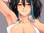  1girl armpits black_hair blue_eyes blue_hair breasts cleavage close-up collarbone collared_shirt grey_background hair_between_eyes half-closed_eyes hand_in_hair heterochromia large_breasts looking_at_viewer medium_hair multicolored_hair mutsubizuki no_bra open_clothes open_shirt parted_lips red_eyes shiny shiny_hair shirt sleeveless sleeveless_shirt solo streaked_hair twintails upper_body utau white_shirt yokune_ruko 