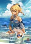  1girl arm_support bare_shoulders beach black_footwear blonde_hair blouse blue_blouse blue_eyes blue_sky cloud daniel_deng detached_sleeves genshin_impact hair_between_eyes high-waist_shorts high_heels high_ponytail highres in_water jean_(genshin_impact) jean_(sea_breeze_dandelion)_(genshin_impact) official_alternate_costume partially_submerged shore shorts sidelocks sky thigh_strap thighs wet white_shorts 