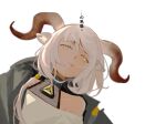  absurdres animal_ears arknights bangs beeswax_(arknights) blush chinese_commentary closed_eyes dark_skin eyebrows_visible_through_hair goat_ears goat_girl goat_horns headpat highres horns infection_monitor_(arknights) parted_lips single_tear ting_(machi_nakahara) translated white_hair yellow_eyes 