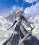  1girl absurdres ahoge architecture armor armored_dress artist_name artoria_pendragon_(all) bangs blonde_hair blue_dress blue_ribbon blue_sky braid braided_bun breastplate castle cloud cloudy_sky dress excalibur_(fate/stay_night) eyes_visible_through_hair fate/stay_night fate_(series) full_body gauntlets hair_between_eyes hair_bun hair_ribbon highres holding holding_sword holding_weapon huge_filesize knight long_sleeves prezonya46 ribbon saber sky solo sword water waves weapon 