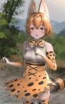  1girl :o absurdres animal_ear_fluff animal_ears bare_shoulders blonde_hair blurry blurry_background bow bowtie commentary elbow_gloves extra_ears gloves high-waist_skirt highres kemono_friends looking_at_viewer open_mouth orange_eyes outdoors print_gloves print_legwear print_neckwear print_skirt serval_(kemono_friends) serval_print shirt short_hair signature skirt sleeveless sleeveless_shirt solo striped_tail tail thighhighs welt_(kinsei_koutenkyoku) white_shirt 