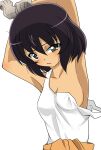  1girl armpits black_hair blush breasts brown_hair cleavage covered_navel dutch_angle hair_between_eyes highres hoshino_(girls_und_panzer) jumpsuit_around_waist looking_at_viewer medium_breasts open_mouth short_hair solo tan tan_skirt tank_top wakku_kan white_tank_top 